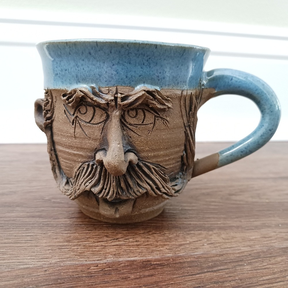 David L Davis Studio Pottery Face Mug Blue Glaze Handcrafted Artisan Coffee Cup